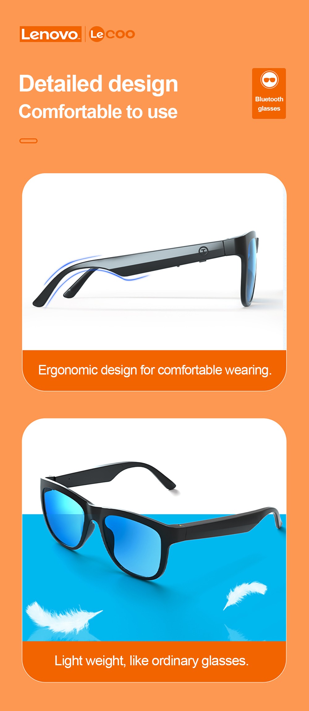 Lenovo Lecoo C8 Smart Music Bluetooth 5.0 Sunglasses HiFi Headset Wireless Driving Glasses with HD Mic Black