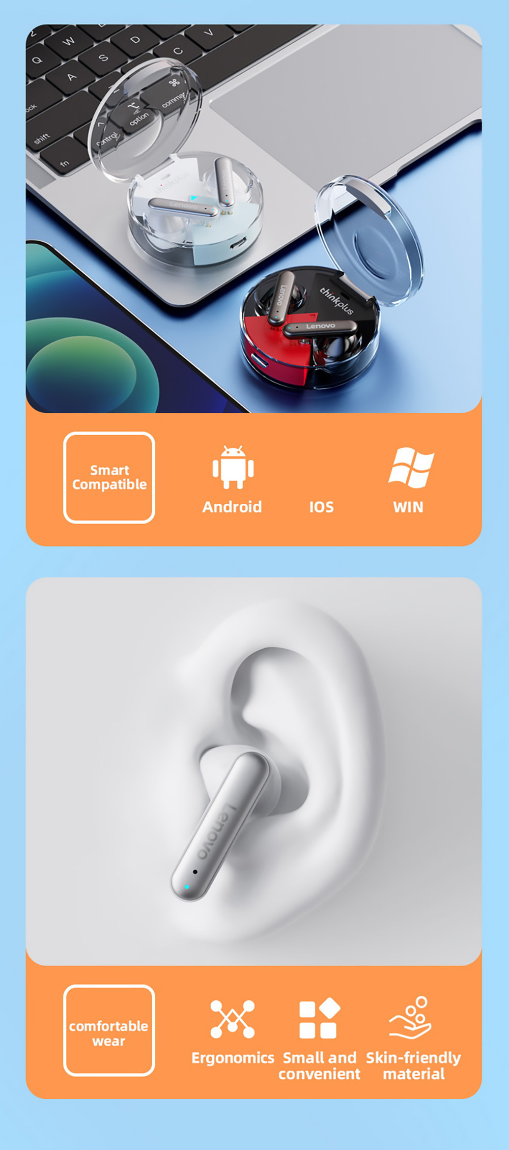 Lenovo Thinkplus LP10 TWS Wireless Headphone Bluetooth 5.2 Touch Control HiFi Stereo Bass Headbuds - White