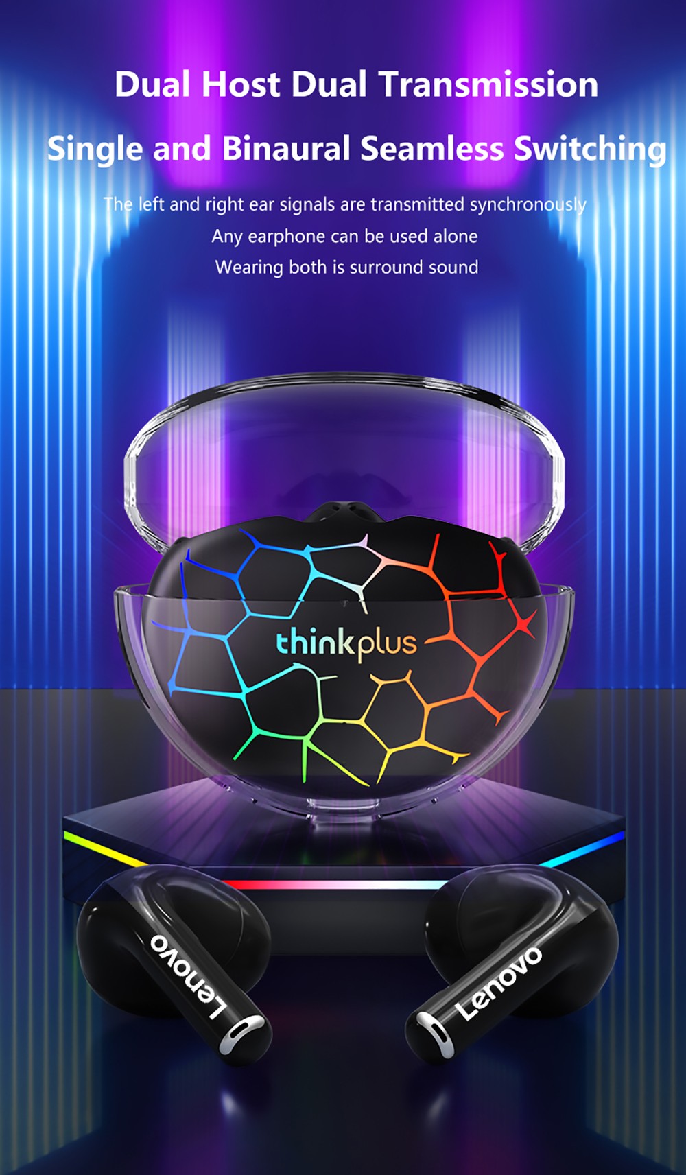 Lenovo Thinkplus LP80 Pro RGB LED Lights Earphones Wireless Bluetooth Dynamic Low Latency Gaming Sports Earbuds - Black