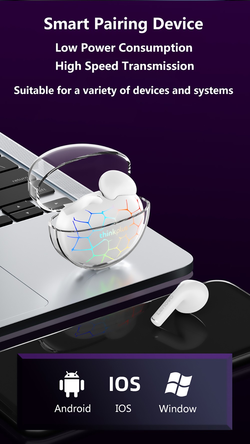 Lenovo Thinkplus LP80 Pro RGB LED Lights Earphones Wireless Bluetooth Dynamic Low Latency Gaming Sports Earbuds - Black