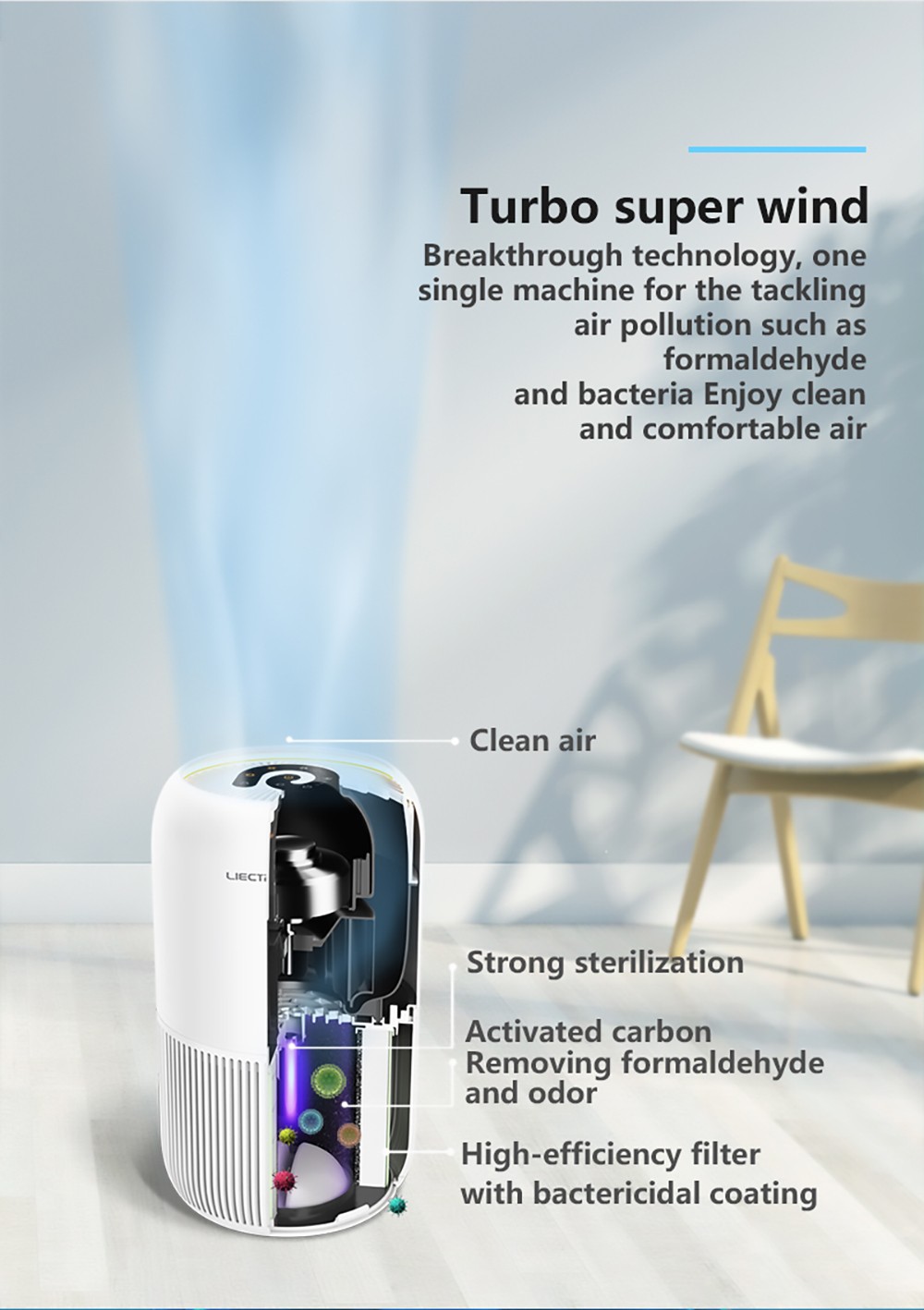 Liectroux TR-8080 35W Air Purifier, 360 Degree Air Inlet, No Noise, UV-C Light, 4 Wind Speed, Remove 99.97% Dust Smoke