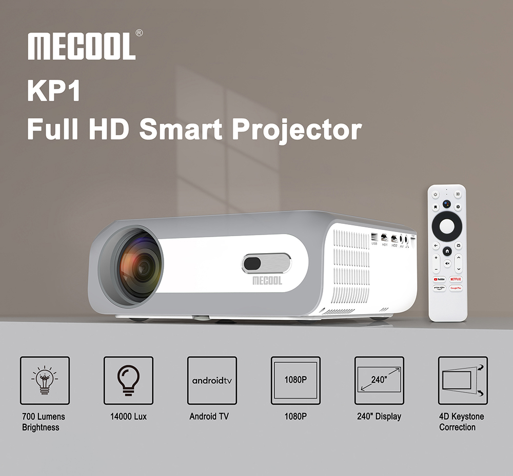 MECOOL KP1 Smart LCD Projector 700 ANSI Lumens 1902x1080P with Android 11 TV Stick Support Google Assistant - EU Adapter