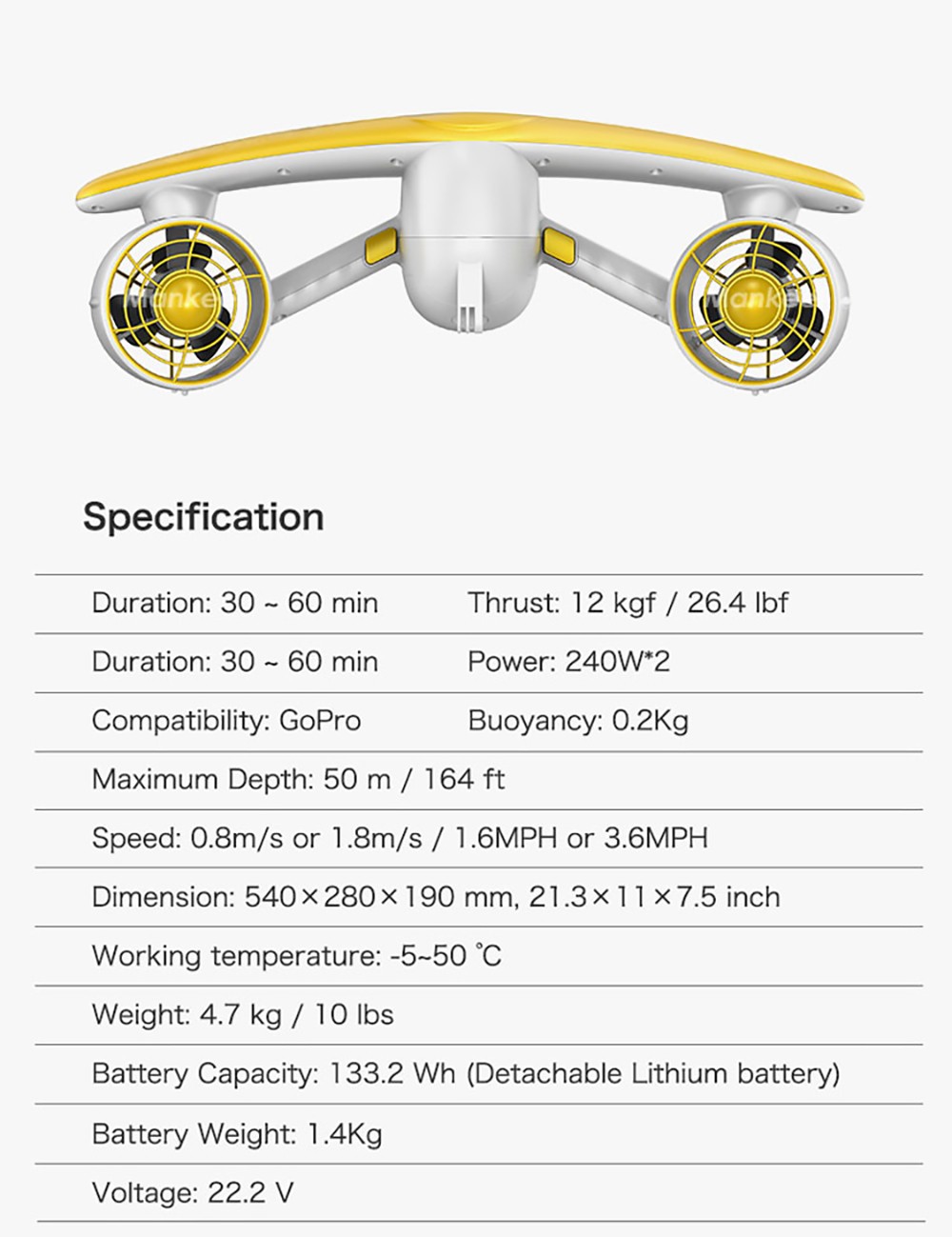 Mankeel Sea Scooter W7 240W*2 Power 30-60 Mins Duration - Yellow