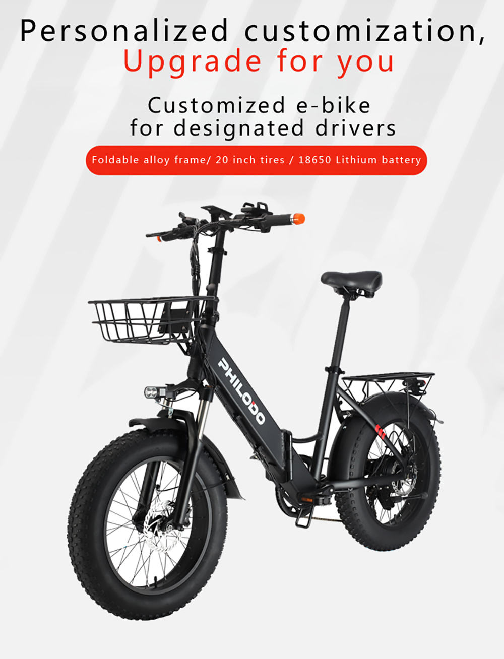 PHILODO H4 Foldable Step-Thru Fat Bike 20 Inch 48V 13Ah Removable Battery 250W Motor 25km/h Dual Brakes - Black