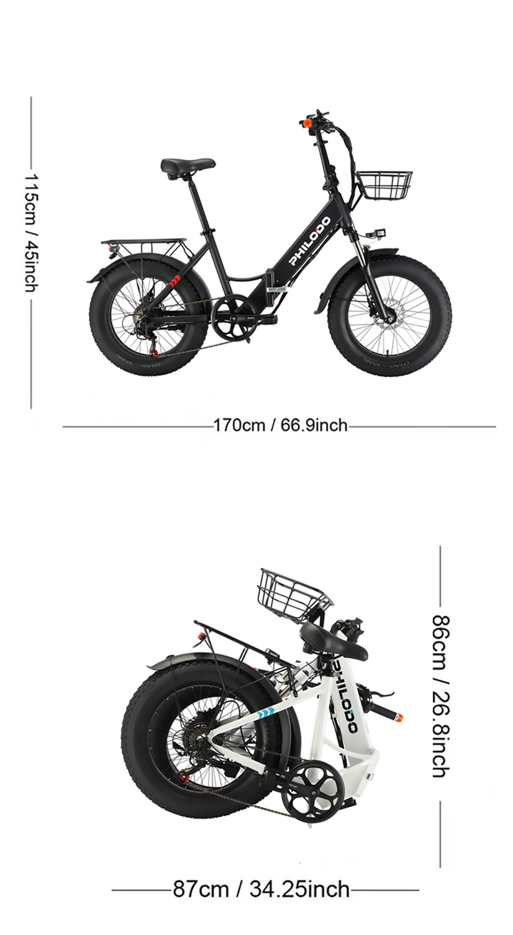 PHILODO H4 Foldable Step-Thru Fat Bike 20 Inch 48V 13Ah Removable Battery 250W Motor 25km/h Dual Brakes - Black