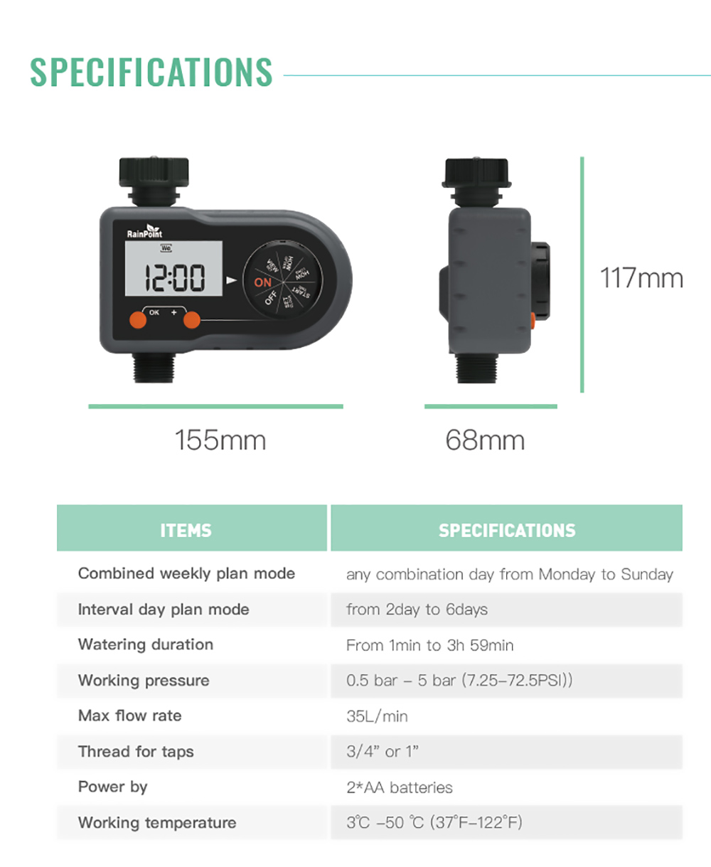 RainPoint ITV101P Digital Sprinkler Timer, Programmable Water Hose Timer, Automatic/Manual Mode, 3 Watering Programs