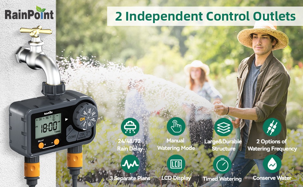 RainPoint ITV201P Digital Sprinkler Timer with 2 Zones, 6 Programmable Procedure, Waterproof Hose Timer, Rain Delay/Manual/Auto Mode