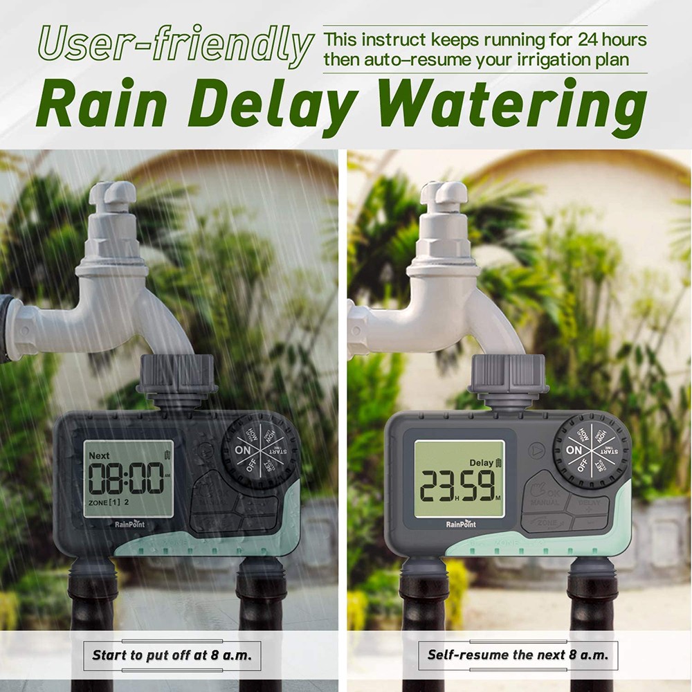 RainPoint ITV205 Digital Sprinkler Timer with 2 Zones, Waterproof Programmable Hose Timer, Rain Delay/Manual/Auto Mode