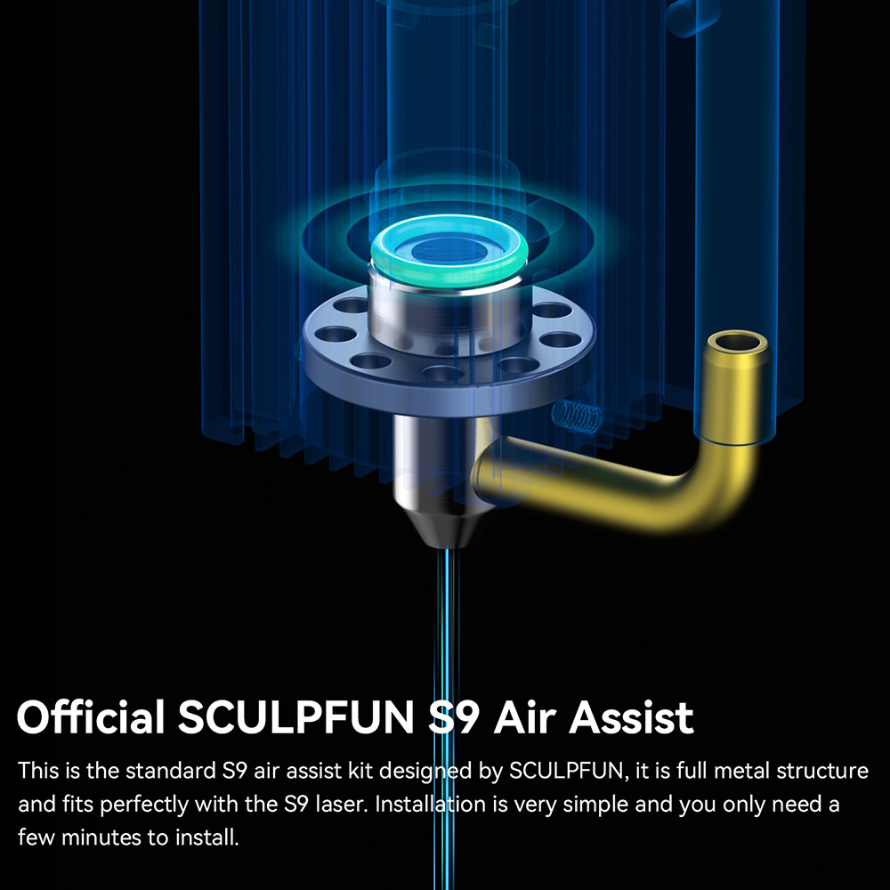 SCULPFUN S9 Air Assist Nozzle Kit with EU Version 220V 30L/min Air Pump, Full Metal Structure Nozzle for S9 Lasers