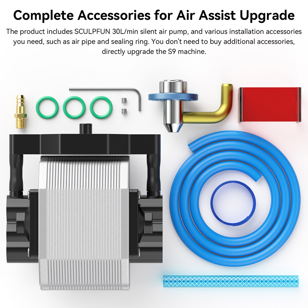 SCULPFUN S9 Air Assist Nozzle Kit with US Version 110V 30L/min Air Pump, Full Metal Structure Nozzle for S9 Lasers