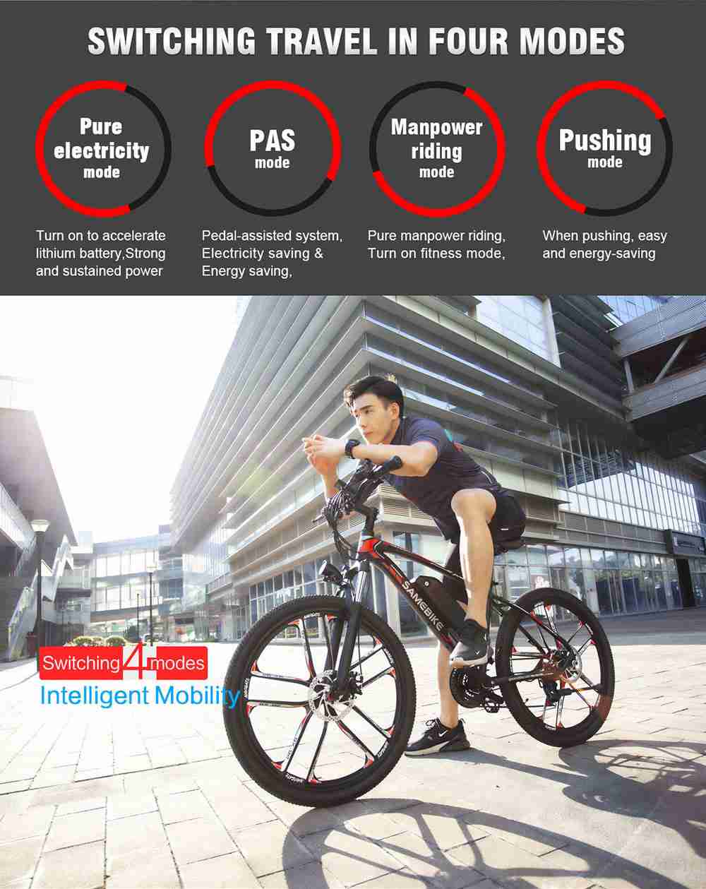 SAMEBIKE MY-SM26 8Ah 350W 48V 26inch Electric Bike 30km/h Top Speed 80km Mileage Range Max Load 150kg - Black