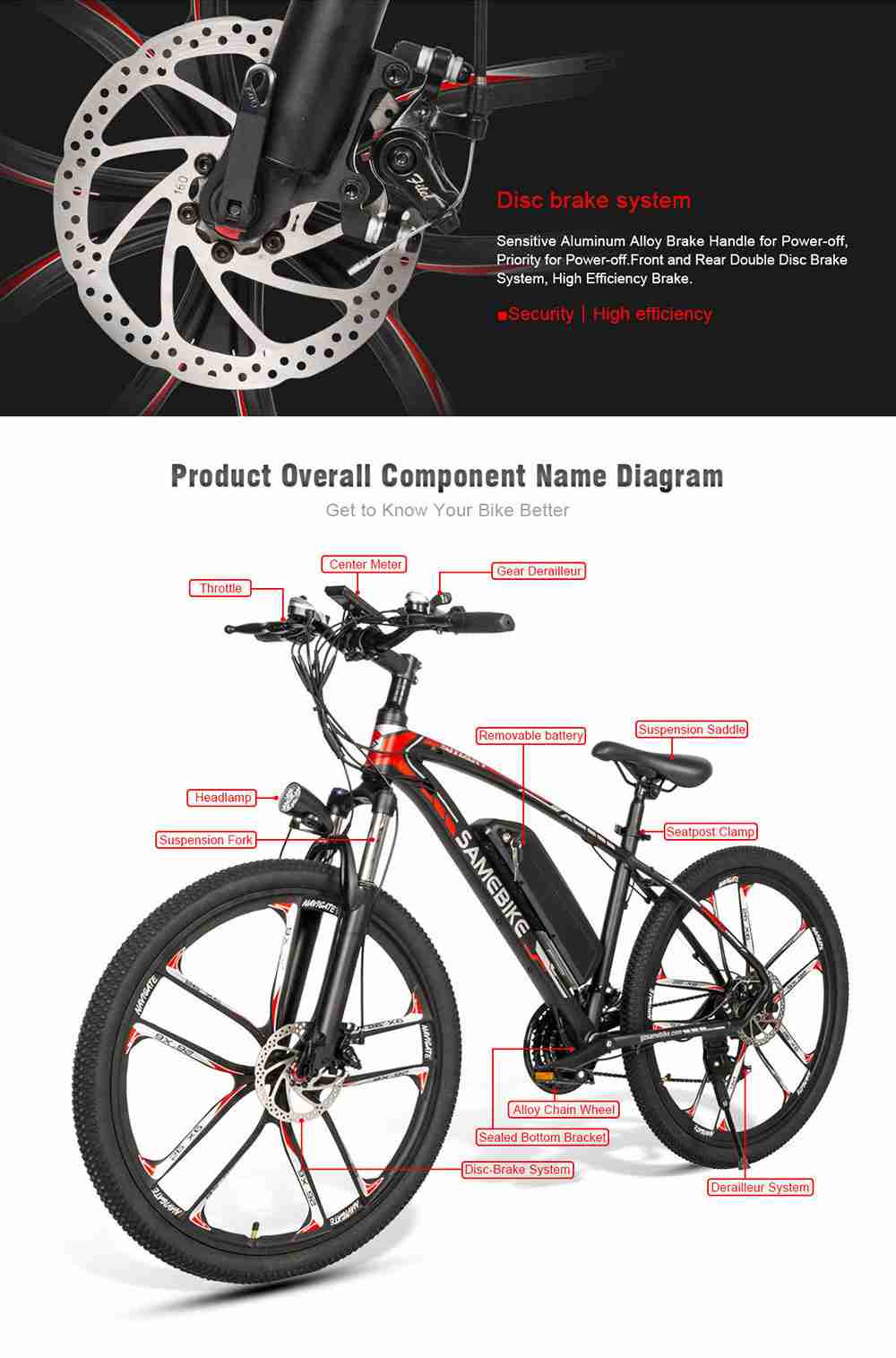 SAMEBIKE MY-SM26 8Ah 350W 48V 26inch Electric Bike 30km/h Top Speed 80km Mileage Range Max Load 150kg - Black