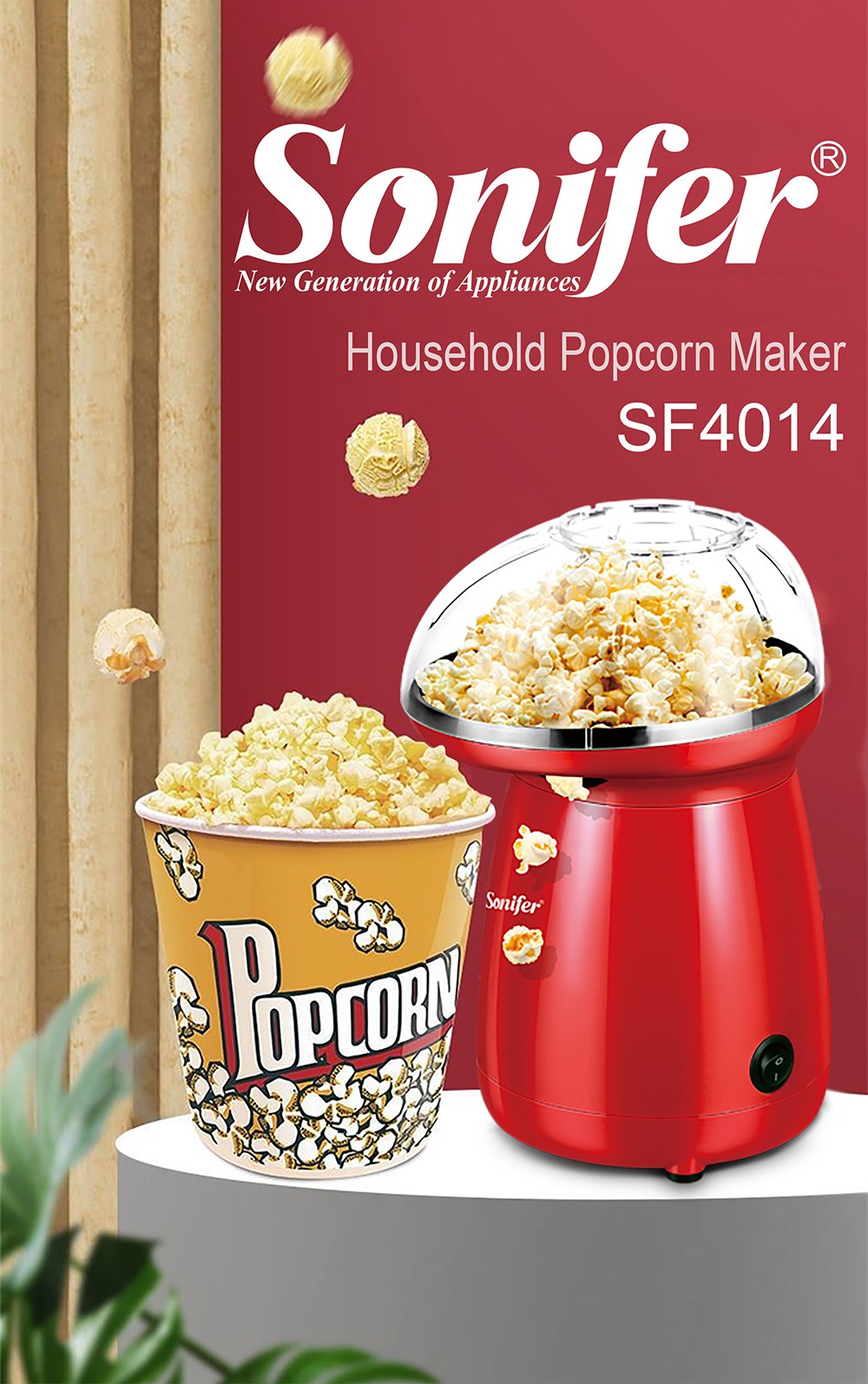 Sonifer SF4014 1200W Household Popcorn Maker, Electric Hot Air Oil Free Corn Machine, Fast Popping Popcorn Movie Snacks