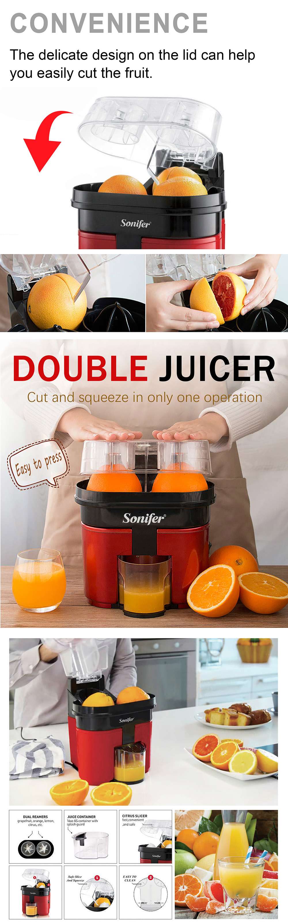 Sonifer SF5521 90W Electric Juicer Machine, Lid Slicer Dual-Cones Citrus Juicer Maker, Lemon Orange Fruit Squeezer