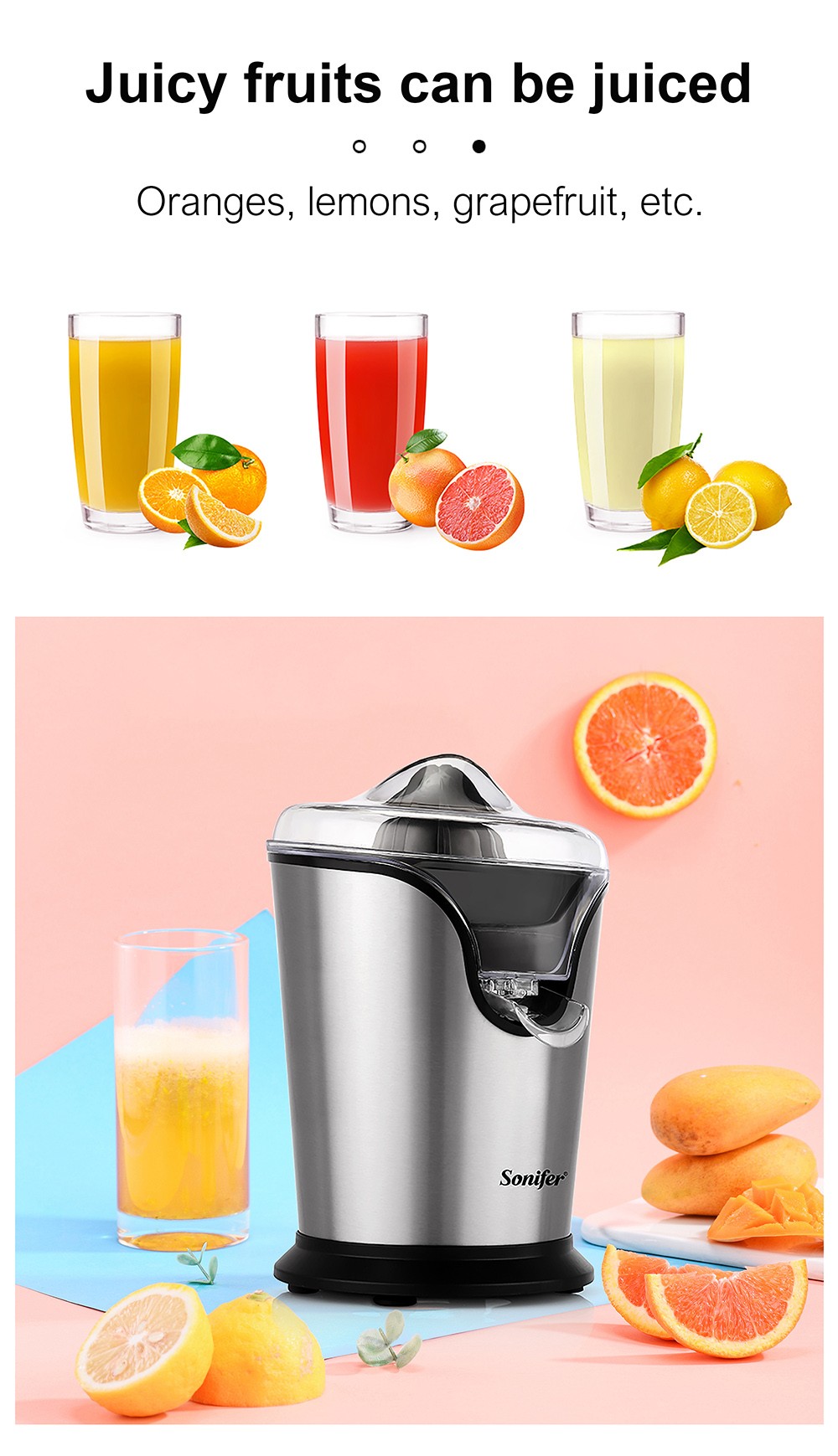 Sonifer SF5526 100W Citrus Press Juicer, Stainless Steel Orange Juice Maker Extractor, Lemon Pomegranate Fruit Squeezer