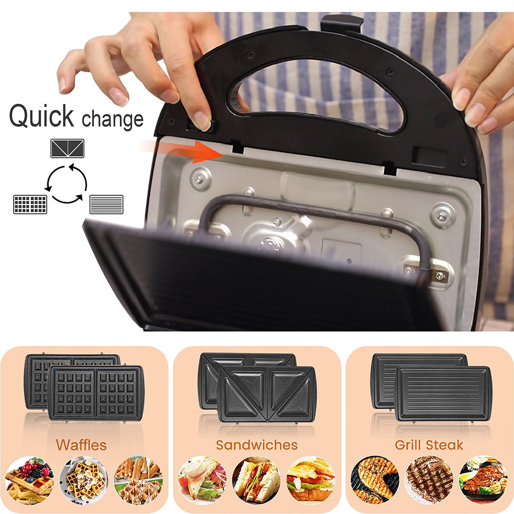 Sonifer SF6050 800W Electric Waffle Maker, 3-in-1 Grill Sandwich Panini Plate, Toaster Breakfast Machine, Non-stick