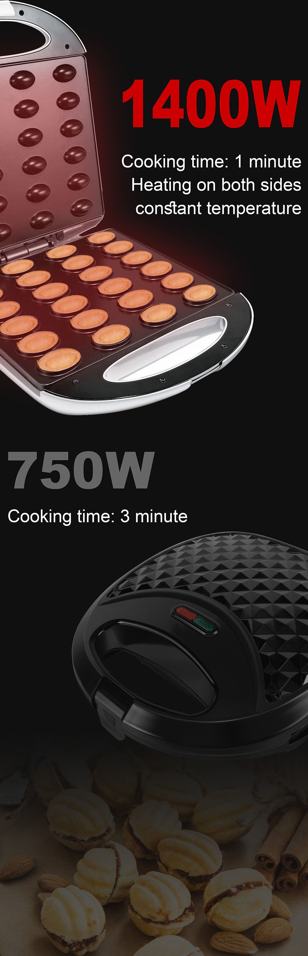 Sonifer SF6062 1400W Electric Walnut Cake Waffle Maker, 24 Holes Nuts Plate, Non-stick Cooking Biscuits Making Machine