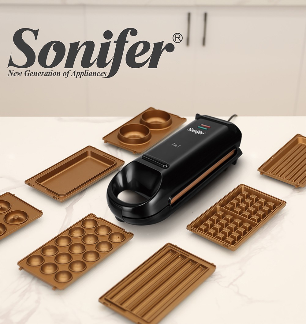 Sonifer SF6093 800W Electric Waffle Maker, 7-in-1 Cake Donuts Panini Churros Barbecue Plate 180 Degree Rotatable Machine