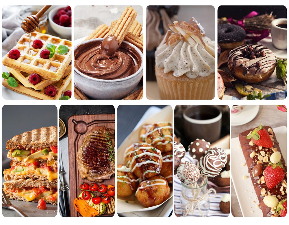 Sonifer SF6093 800W Electric Waffle Maker, 7-in-1 Cake Donuts Panini Churros Barbecue Plate 180 Degree Rotatable Machine