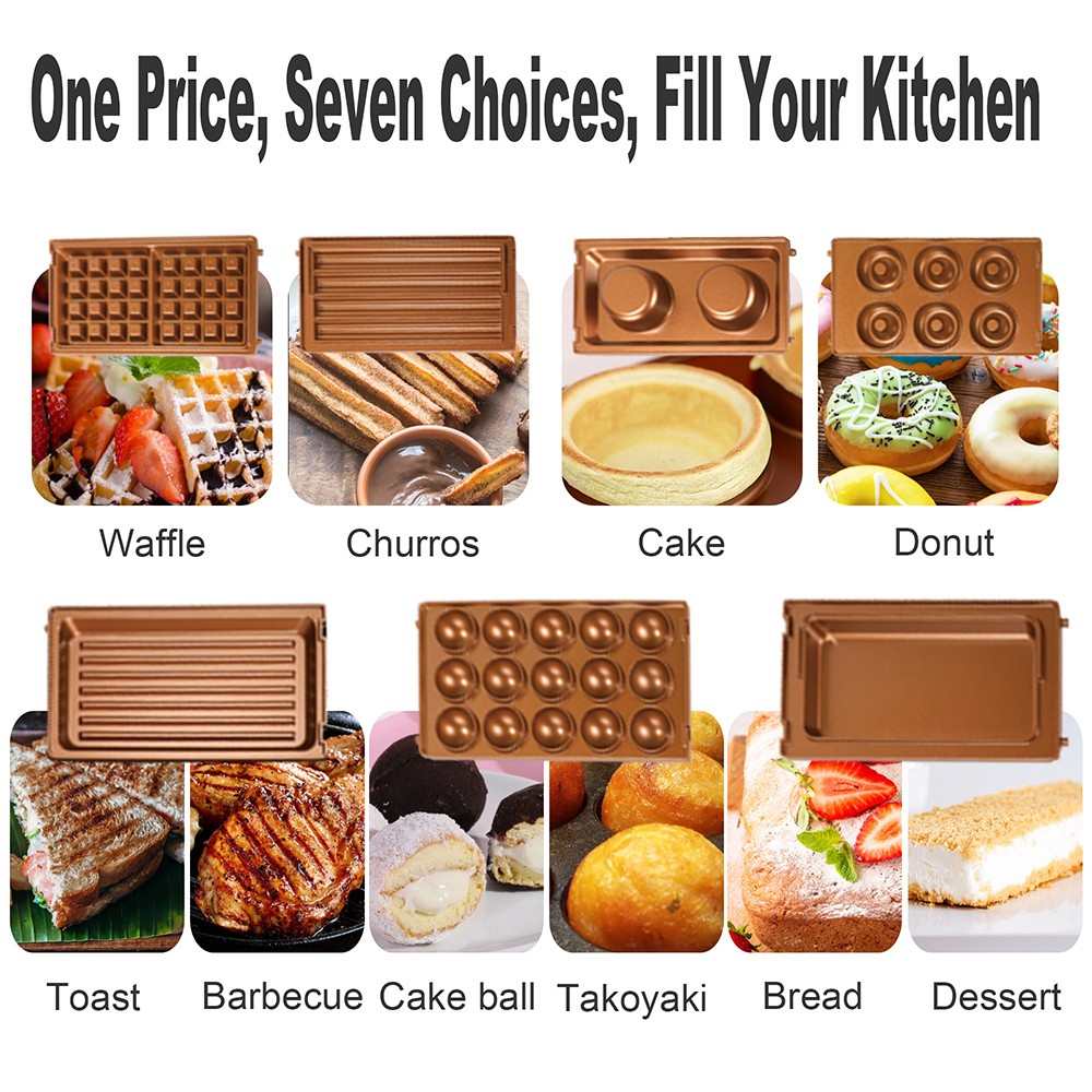 Sonifer SF6093 800W Electric Waffle Maker, 7-in-1 Cake Donuts Panini Churros Barbecue Plate 180 Degree Rotatable Machine