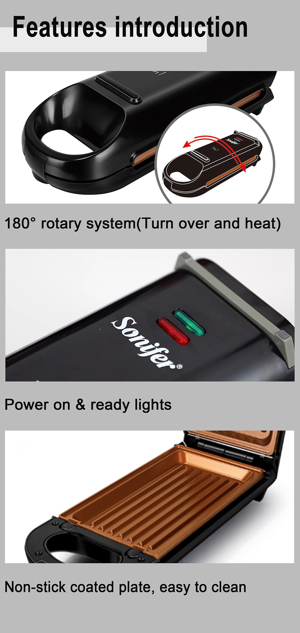 Sonifer SF6093 800W Electric Waffle Maker, 7-in-1 Cake Donuts Panini Churros Barbecue Plate 180 Degree Rotatable Machine