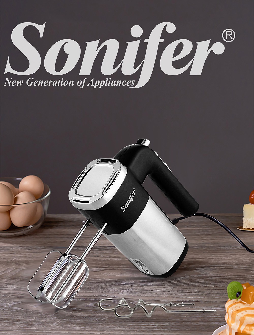 Sonifer SF7017 500W Electric Whisk Food Mixer, Cuisine Blender with Double Hooks, Cake Egg Beater Handheld Mixer Machine
