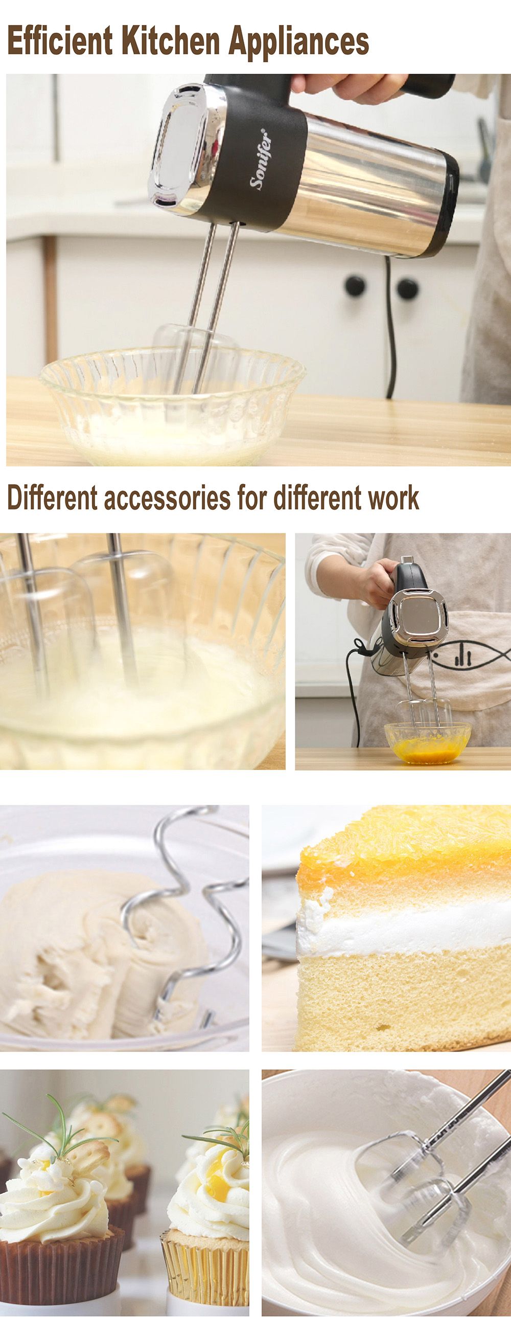 Sonifer SF7017 500W Electric Whisk Food Mixer, Cuisine Blender with Double Hooks, Cake Egg Beater Handheld Mixer Machine
