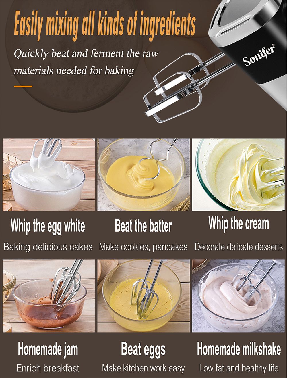 Sonifer SF7017 500W Electric Whisk Food Mixer, Cuisine Blender with Double Hooks, Cake Egg Beater Handheld Mixer Machine