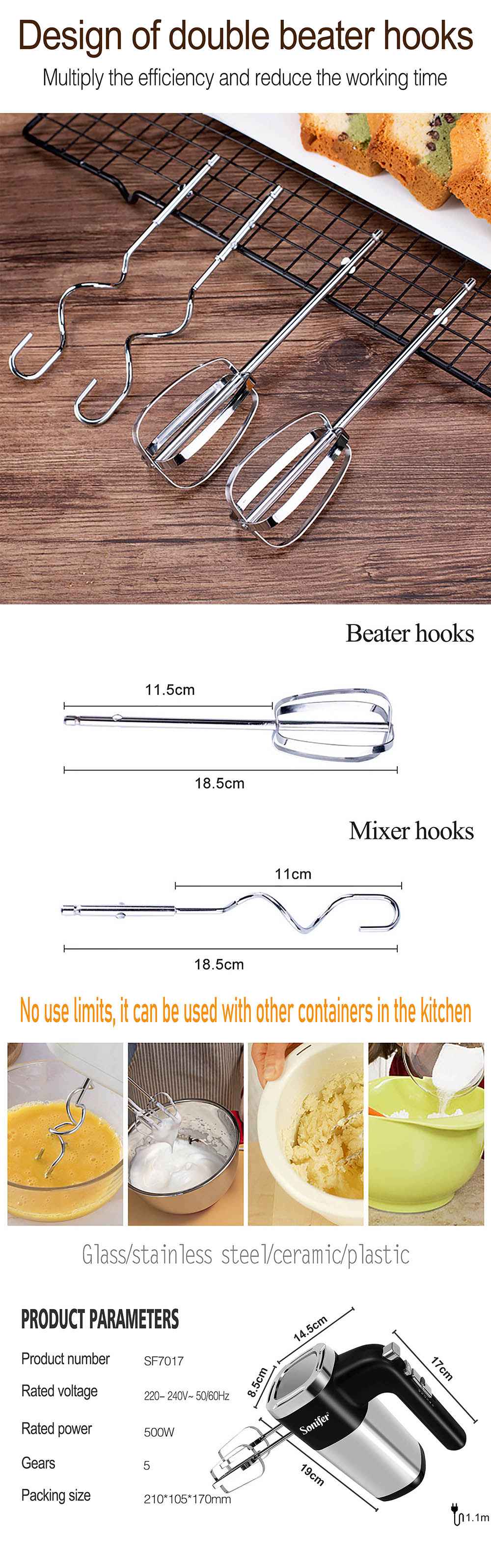 Sonifer SF7017 500W Electric Whisk Food Mixer, Cuisine Blender with Double Hooks, Cake Egg Beater Handheld Mixer Machine