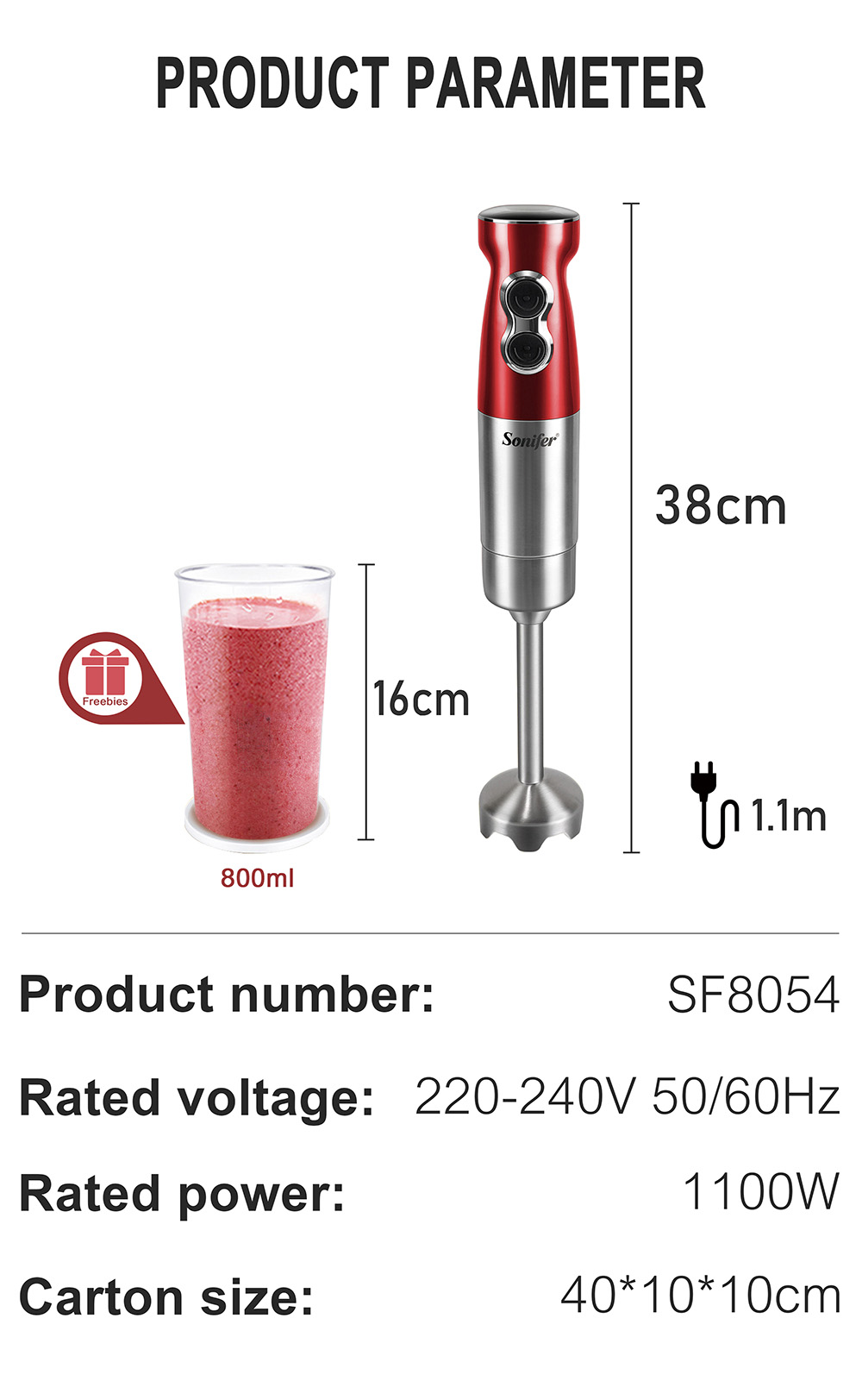 Sonifer SF8054 1100W Electric Food Mixer, 800ml, 2 Speeds Hand Blender, 4-blade Ice Crushing, Vegetable Fruit Blender