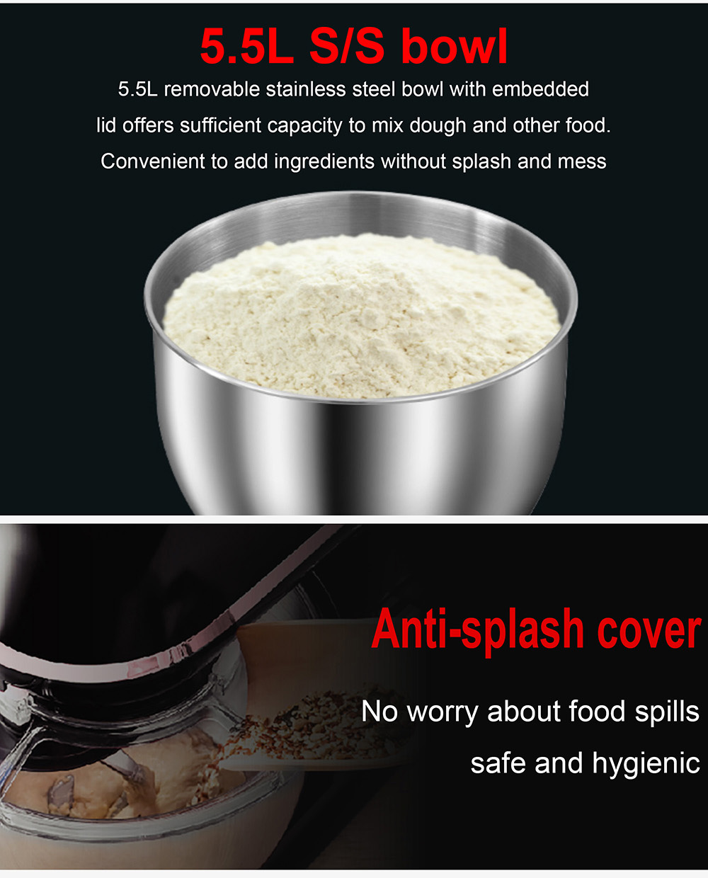 Sonifer SF8064 1400W Chef Machine Food Blender Stand Mixer, Cream Whisk Cake Dough Mixer with Mixing Bowl Metal Gear