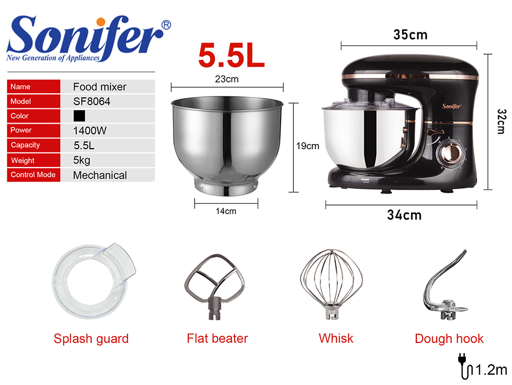 Sonifer SF8064 1400W Chef Machine Food Blender Stand Mixer, Cream Whisk Cake Dough Mixer with Mixing Bowl Metal Gear