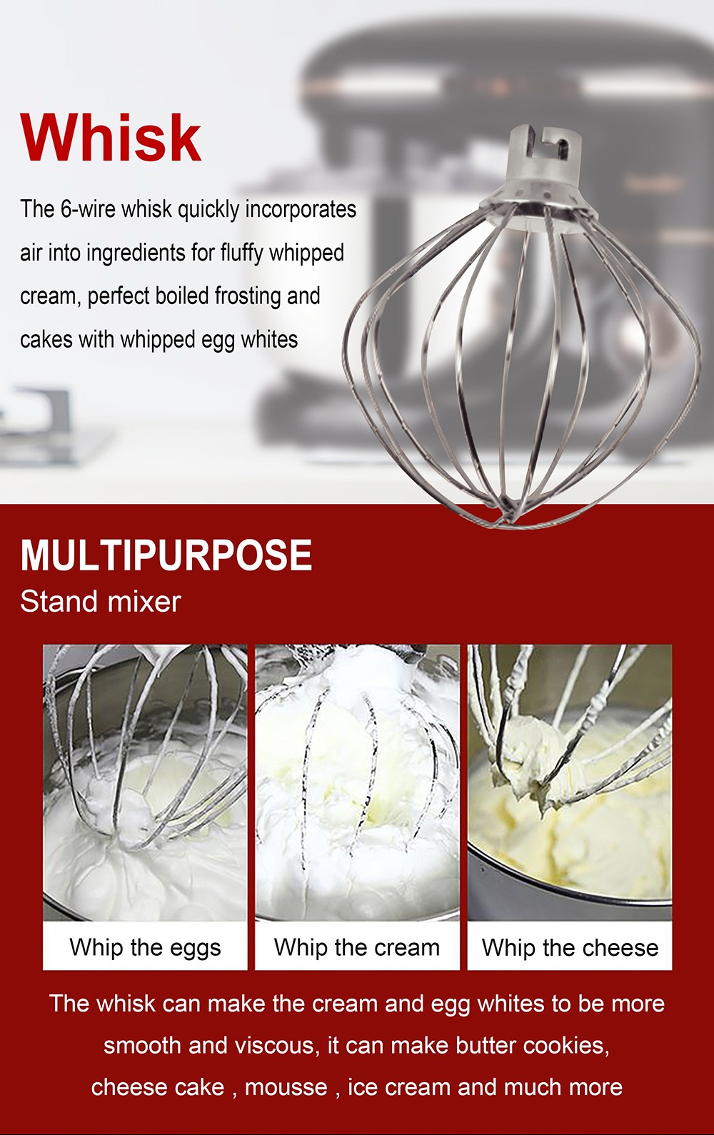 Sonifer SF8064 1400W Chef Machine Food Blender Stand Mixer, Cream Whisk Cake Dough Mixer with Mixing Bowl Metal Gear
