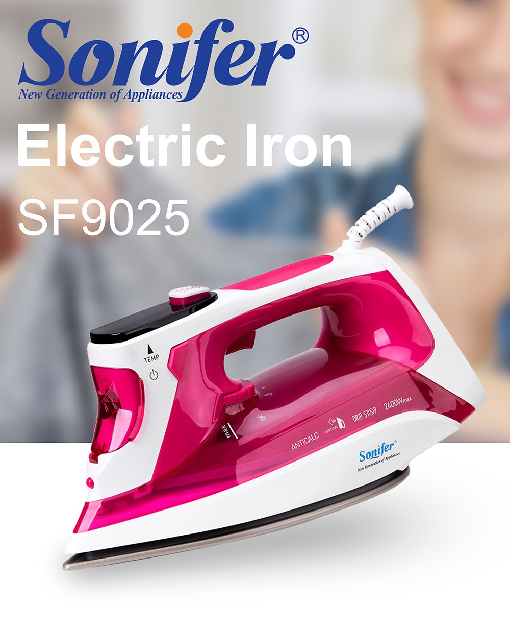 Sonifer SF9025 2400W Clothes Steam Iron with LCD Display, Household Fabric Electric Iron, 11 Selectable Ironing Programs