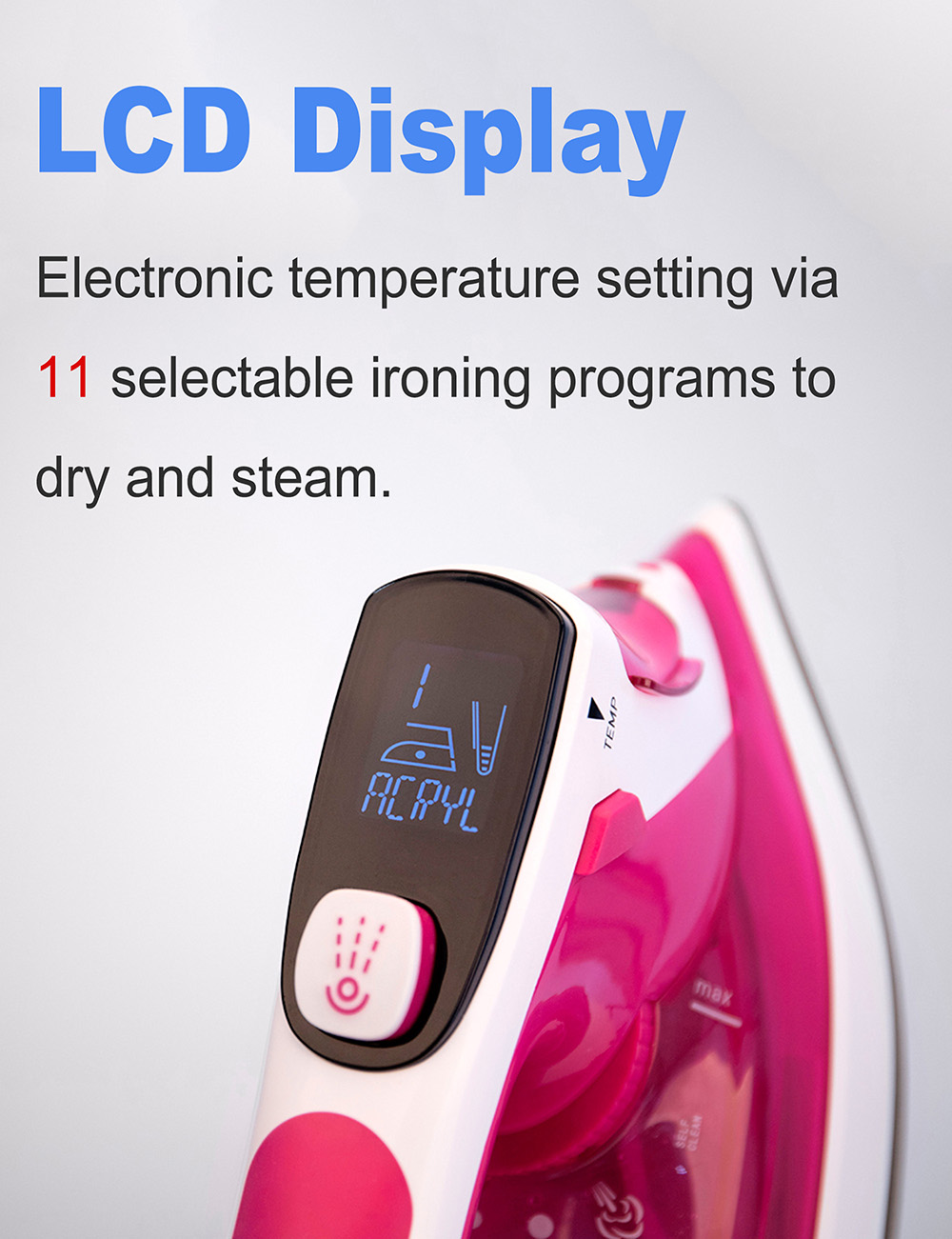 Sonifer SF9025 2400W Clothes Steam Iron with LCD Display, Household Fabric Electric Iron, 11 Selectable Ironing Programs