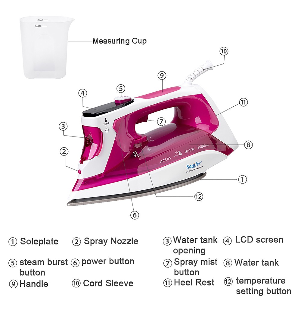 Sonifer SF9025 2400W Clothes Steam Iron with LCD Display, Household Fabric Electric Iron, 11 Selectable Ironing Programs