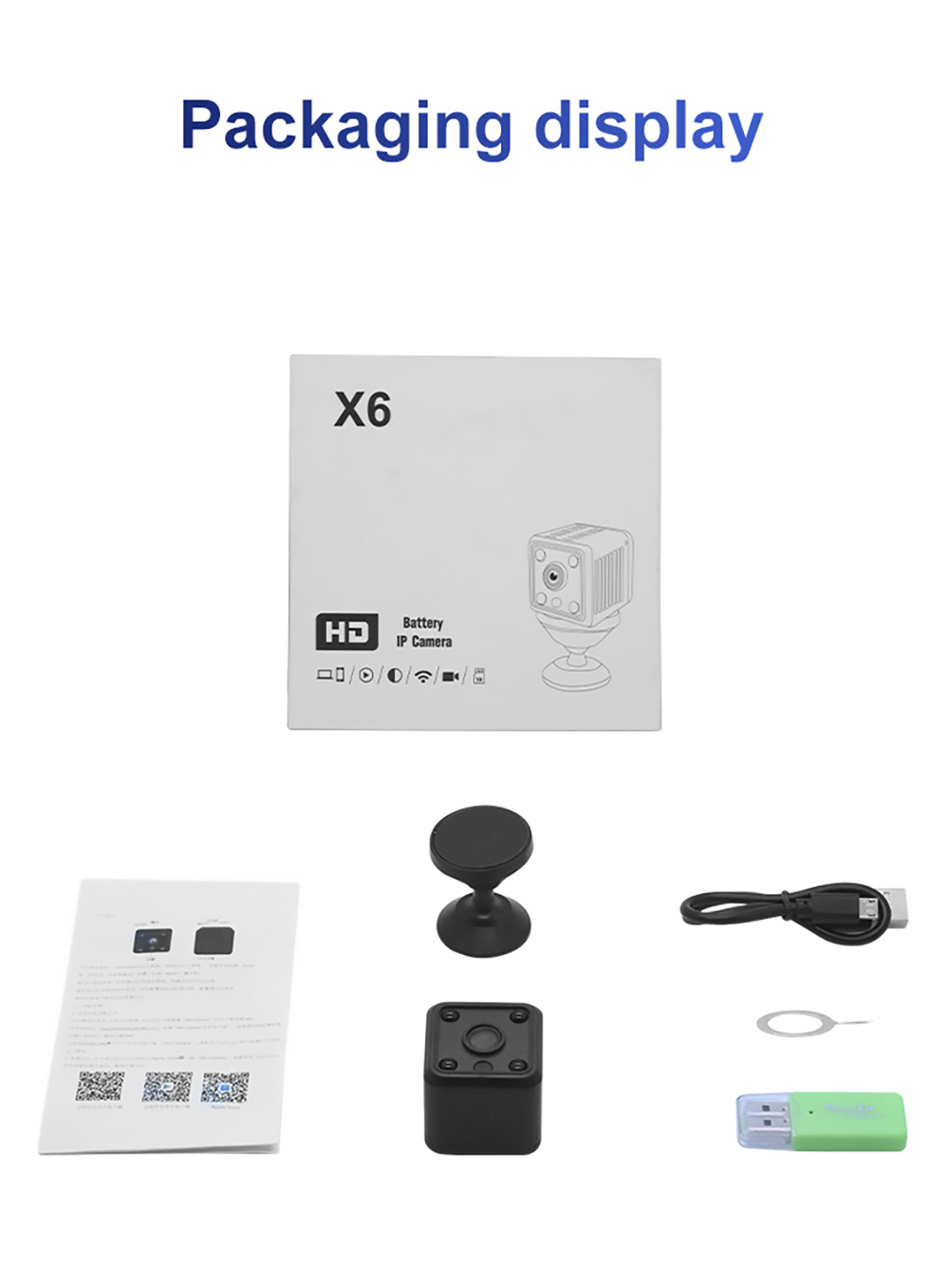 X6 Home Square Mini Wireless Camera, 1080P HD Infrared Night Vision, Security WiFi Camera, 300mAh Battery - Black