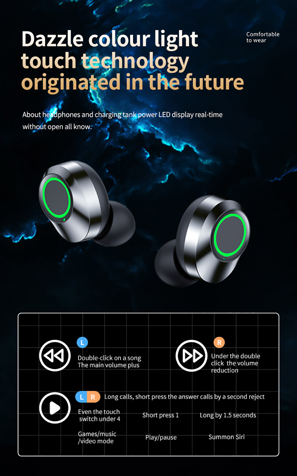 YD03 TWS Earphones Bluetooth 5.3 Wireless Smart Digital Display In-ear Sports Headphone Black