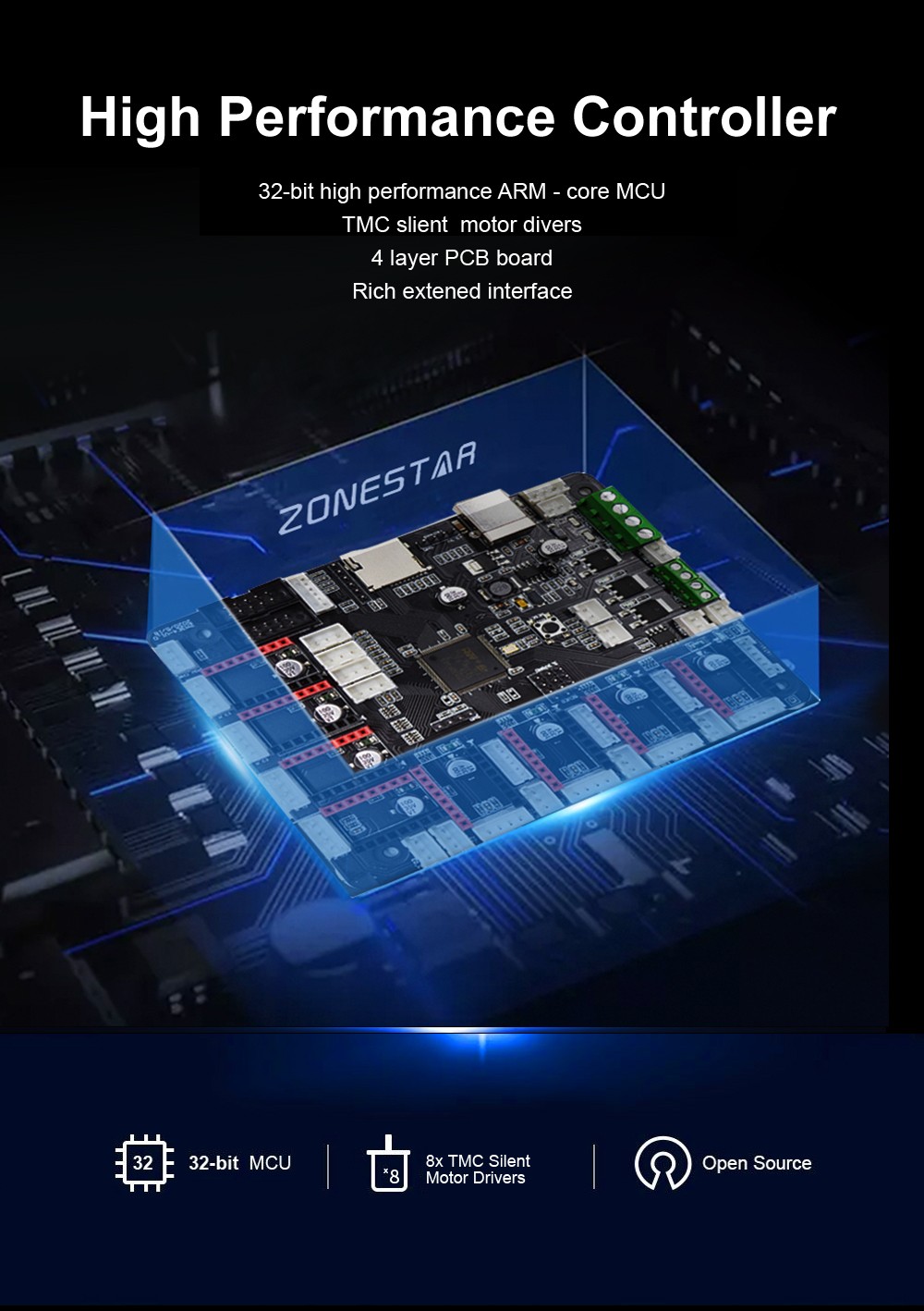 Zonestar Z9V5Pro MK4 4 Extruders 3D Printer, 4 Color Mixing, Auto Leveling, 32 Bit Control Board, Resume Printing, TFT-LCD, 300x300x400mm