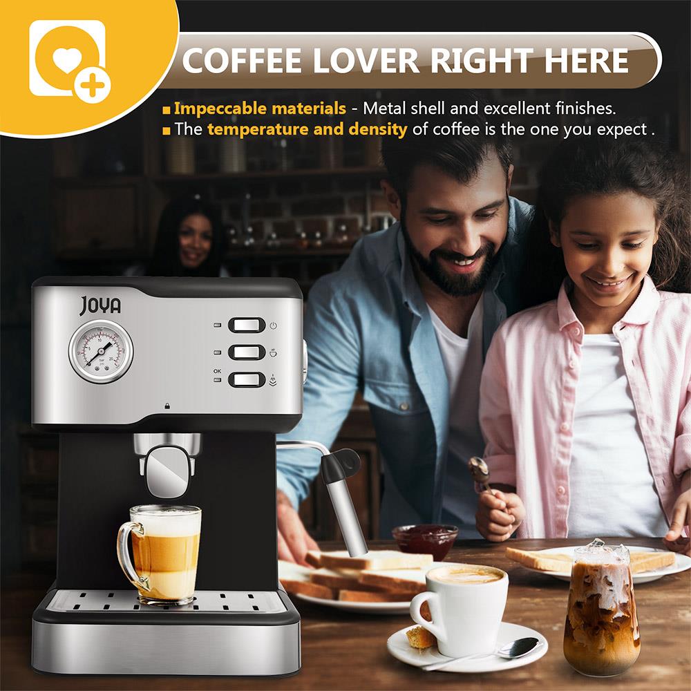 JOYA CM1686E Household Coffee Maker 950W 1.5L Semiautomatic 20 Bar Stainless Steel Espresso Coffee Machine Cup Warmer - Black