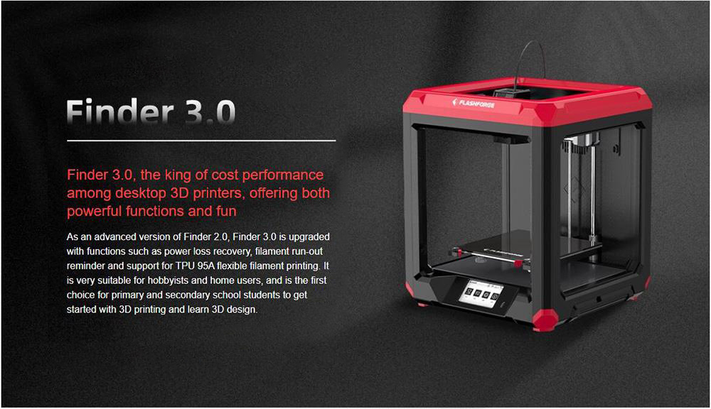 3D tlačiareň Flashforge Finder 3, priamy extrudér, asistované vyrovnávanie, podpora WiFi, 0.2 mm presnosť, 4.3-palcová obrazovka, 190*195*200mm