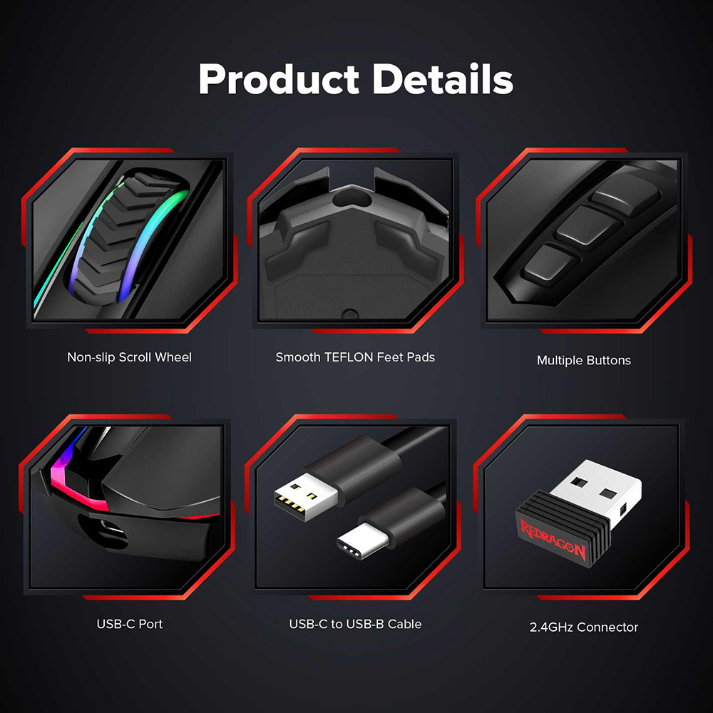 Redragon M910-KS RANGER LITE RGB 2.4G Wireless/Wired Double Modes Gaming Mouse 8000 DPI with Rapid Fire Buttons - Black