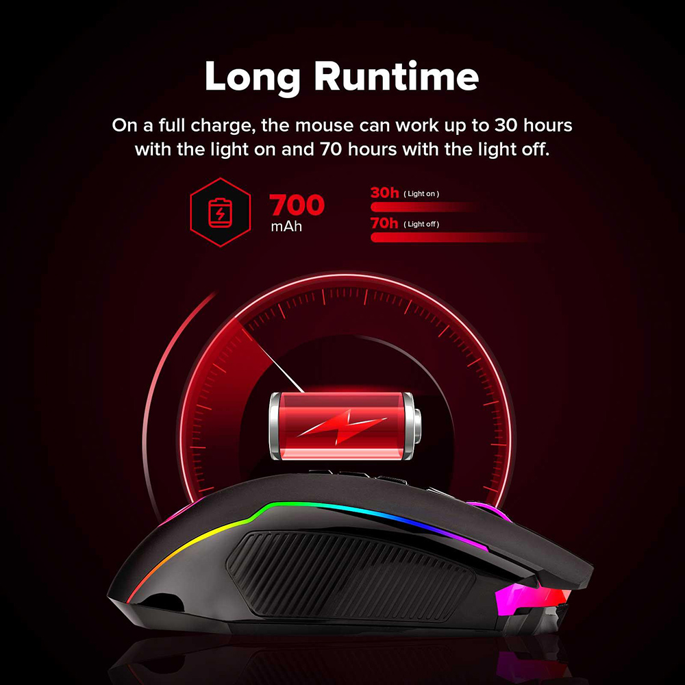 Redragon M910-KS RANGER LITE RGB 2.4G Wireless/Wired Double Modes Gaming Mouse 8000 DPI with Rapid Fire Buttons - Black