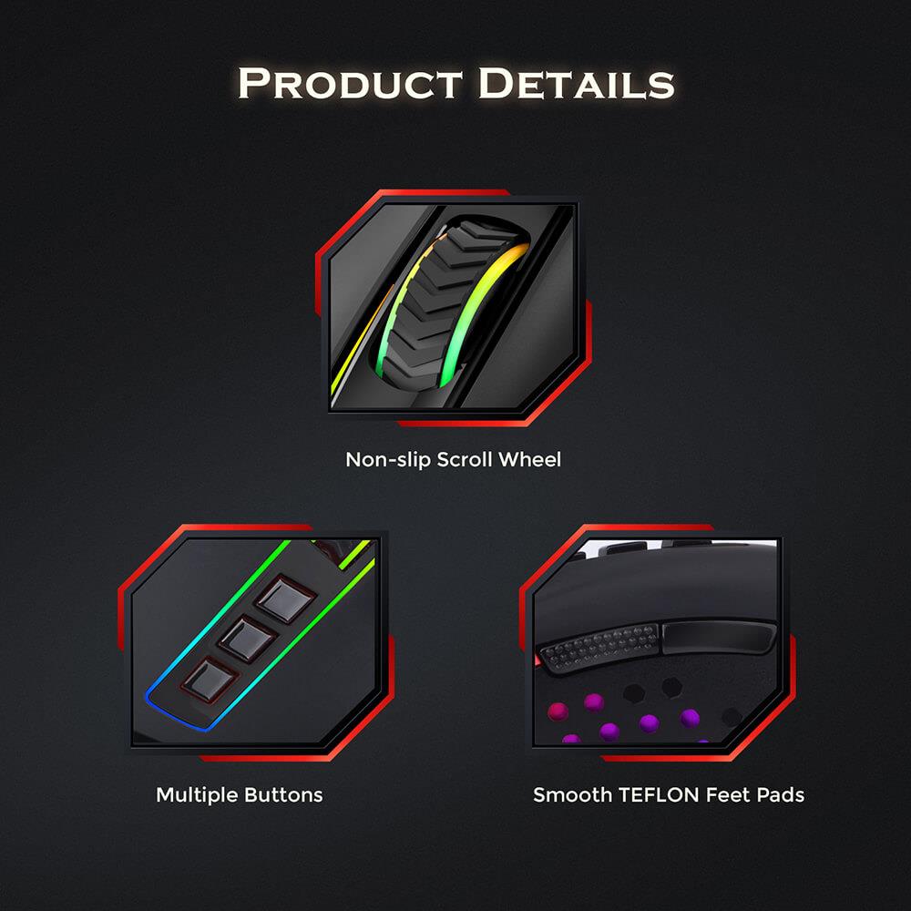 Redragon M712-RGB Octopus Wired Gaming Mouse, 10000DPI, 8 Buttons Programmable - Black