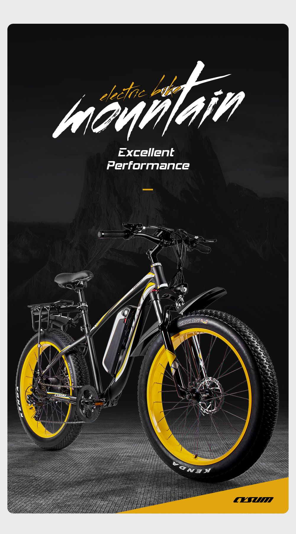 CYSUM M980 Fat Tire Electric Bike 48V 1000W Brushless Motor 17Ah Removable Battery For 50-70 Range - Black-Yellow 14 CYSUM M980 Fat Tire Electric Bike 48V 1000W Brushless Motor 17Ah Removable Battery for 50-70 Range - Black-Yellow