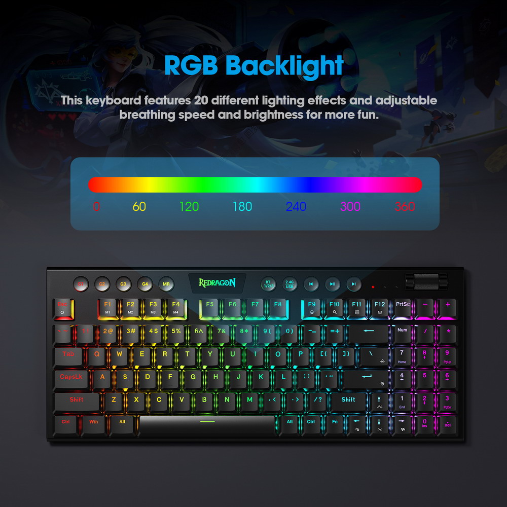 Redragon K625P-KBS Yi pro Wireless Bluetooth Tri-Mode RGB Mechanical Keyboard Ultra-Thin Low Profile Blue Switch-Black