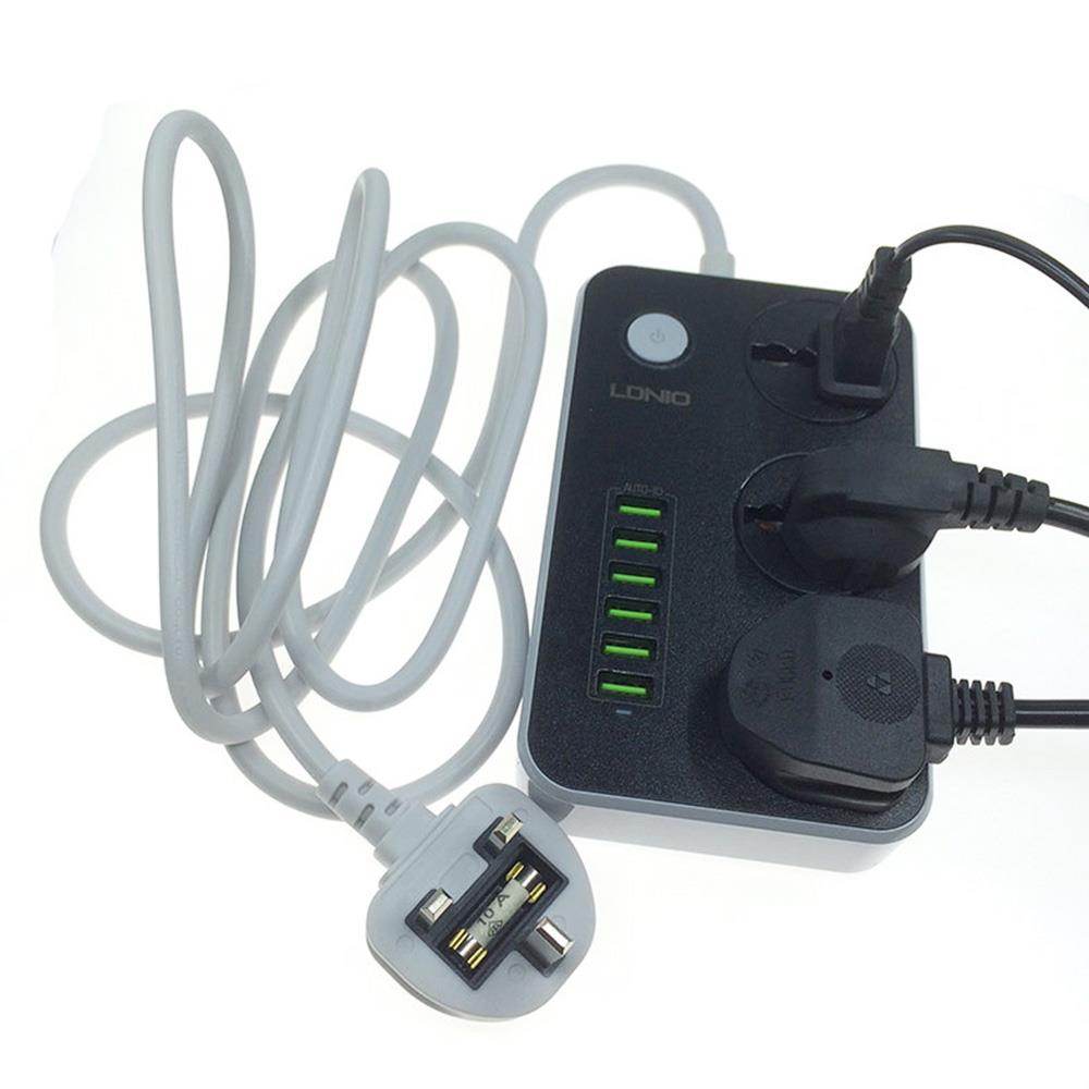 LDNIO SC3604 Power Strip Socket with 3-pin UK Plug and Fuse, 6 USB Charging Ports Wiring Board, 3 Power Socket Ports