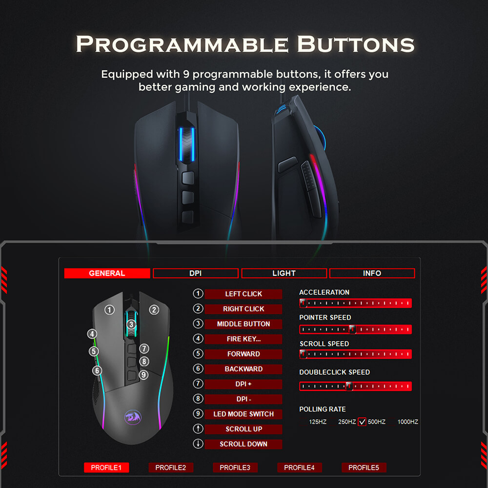 Redragon M721 PRO Lonewolf 2 Wired Gaming Mouse, 16000DPI, 8 Buttons Programmable - Black