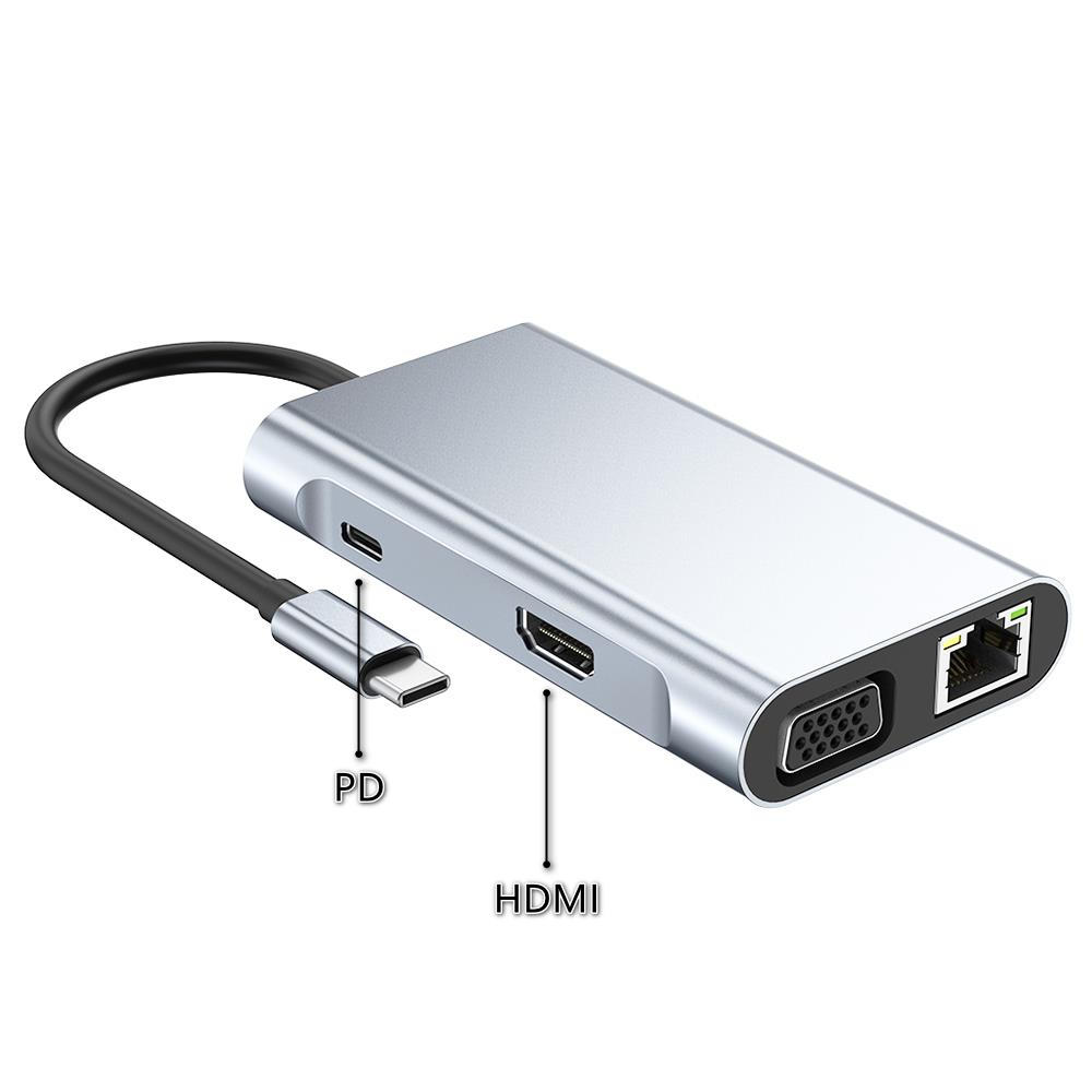 Type-C Hub 7 in 1 USB C to 4K HDMI+1000M RJ45+PD 100W Charge+USB 3.0*3+VGA Dock for MacBook, Windows, Laptop