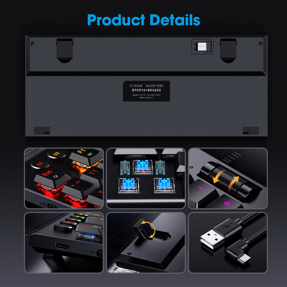 Redragon K625P-KBS Yi pro Wireless Bluetooth Tri-Mode RGB Mechanical Keyboard Ultra-Thin Low Profile Blue Switch-Black